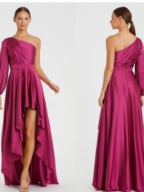 Mac Duggal One-Shoulder Magenta Satin High-Low Gown